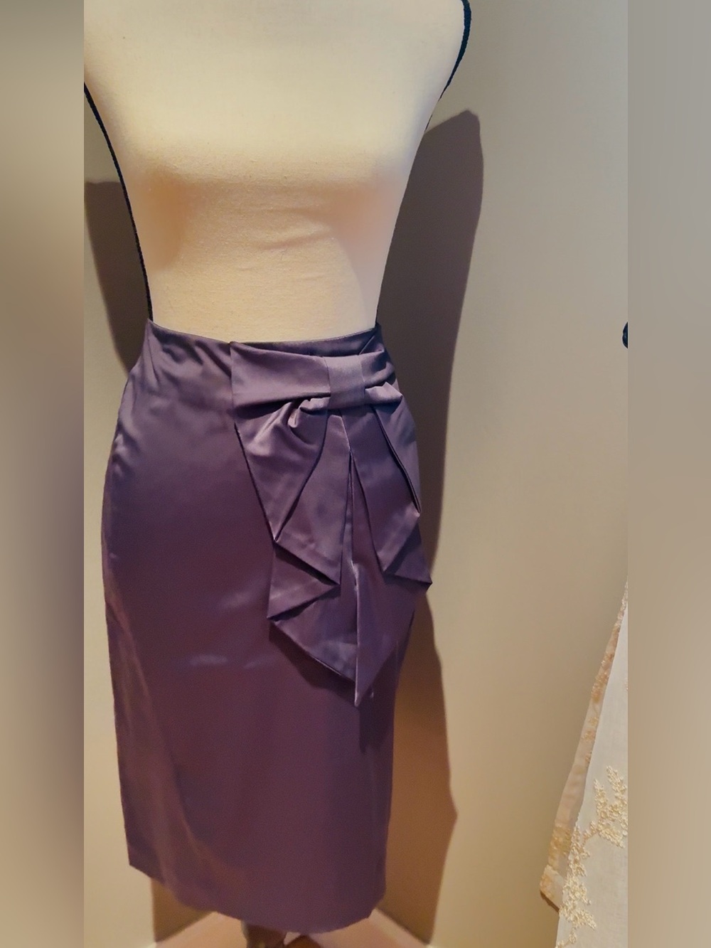 H&M Deep Purple Satin Pencil Skirt with Front Draped Bow